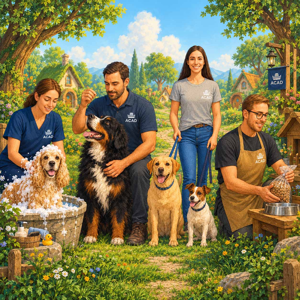 Immagine favolistica di una toelettatrice, un educatore, una pet sitter ed un commerciante.